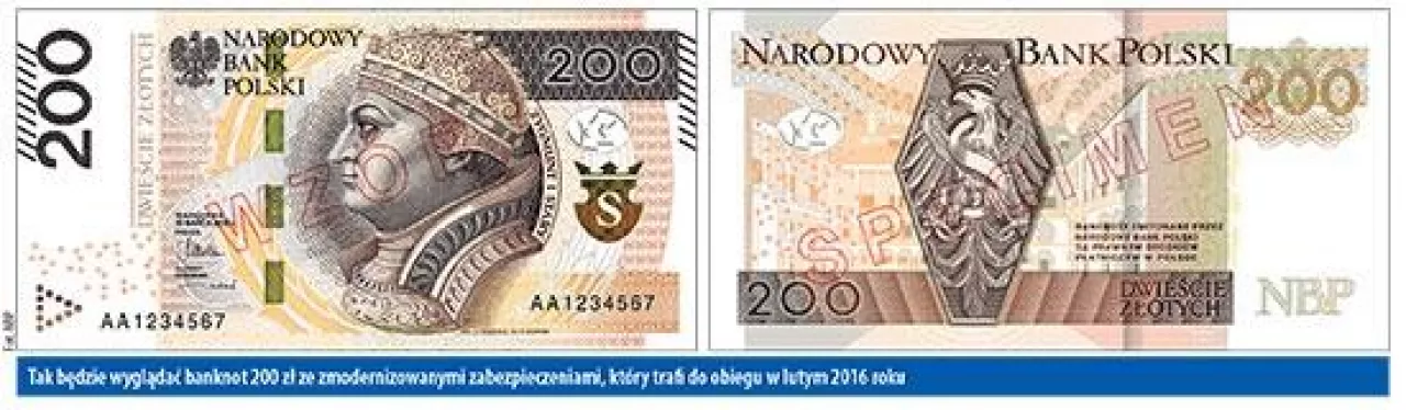 Tak będzie wyglądać banknot 200 zł ze zmodernizowanymi zabezpieczeniami, który trafi do obiegu w lutym 2016 roku ()