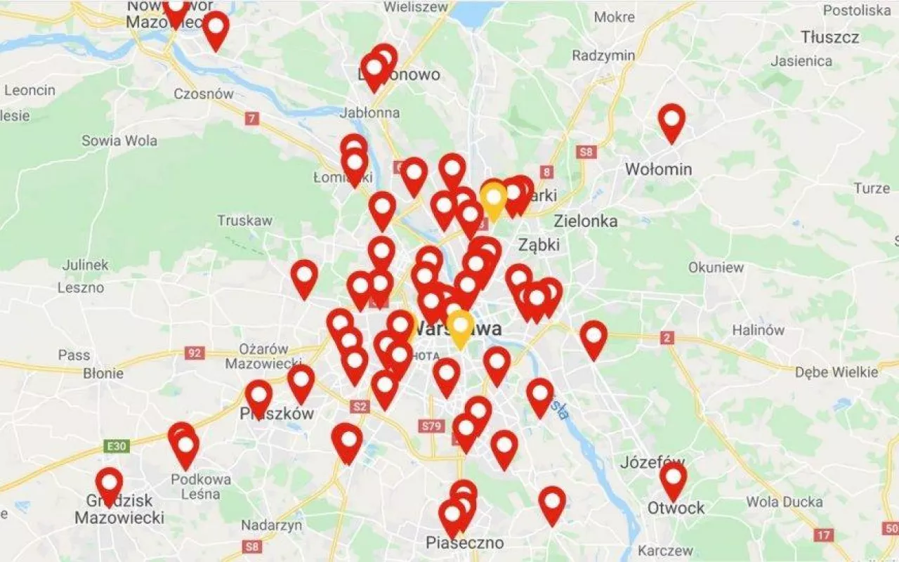 Mapa centrów handlowych w Warszawie (retailmap.pl)