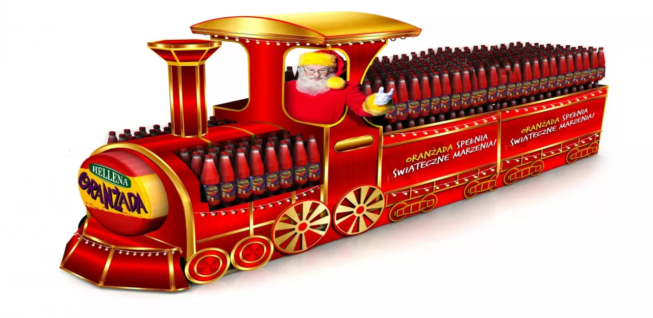 Ekspozycja w formie pociągu to jeden ze sposobów na wsparcie sprzedaży oranżady Hellena przed świętami (materiały prasowe)