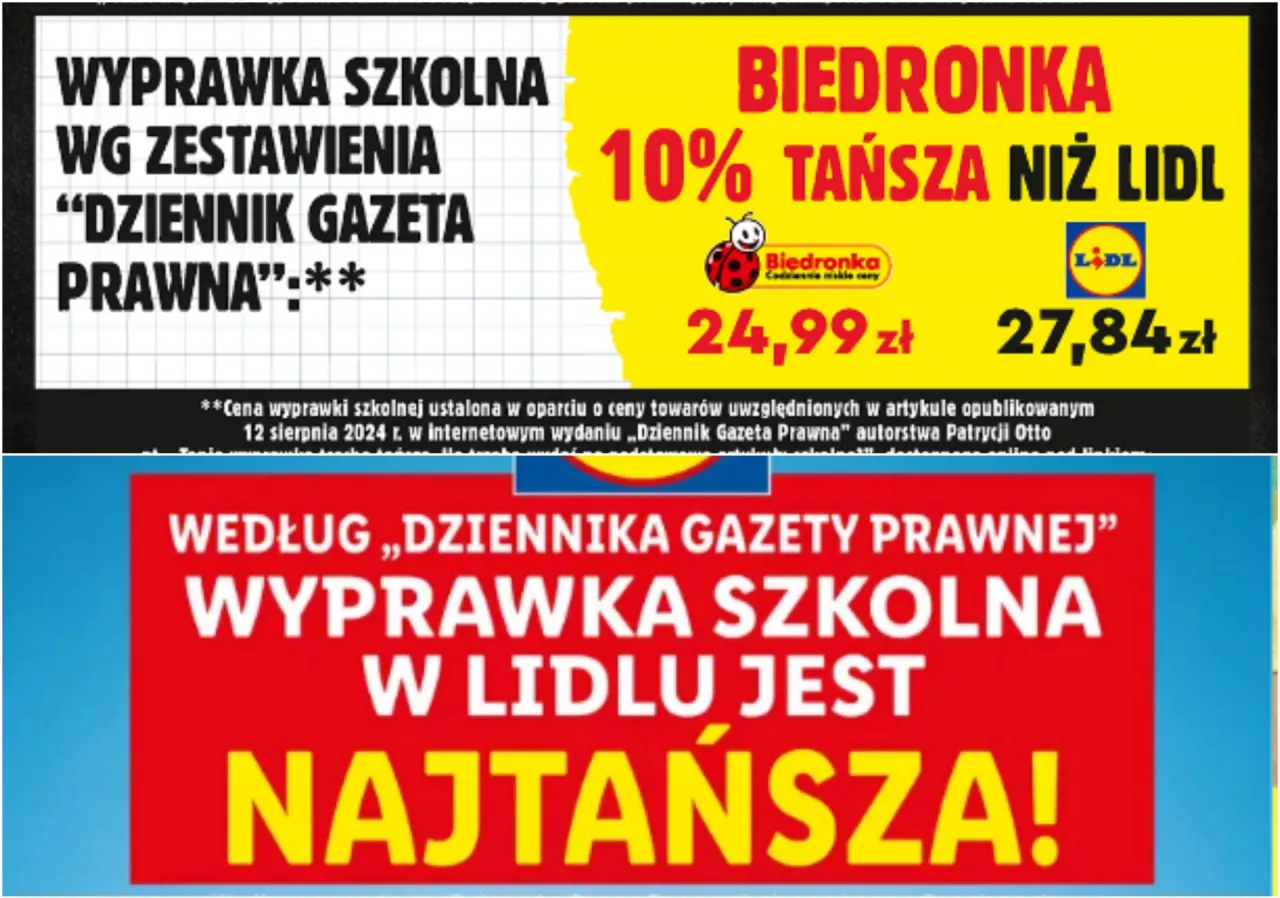 Porównanie cen wyprawek szkolnych w gazetkach Biedronki i Lidla z dnia 19.08.2024