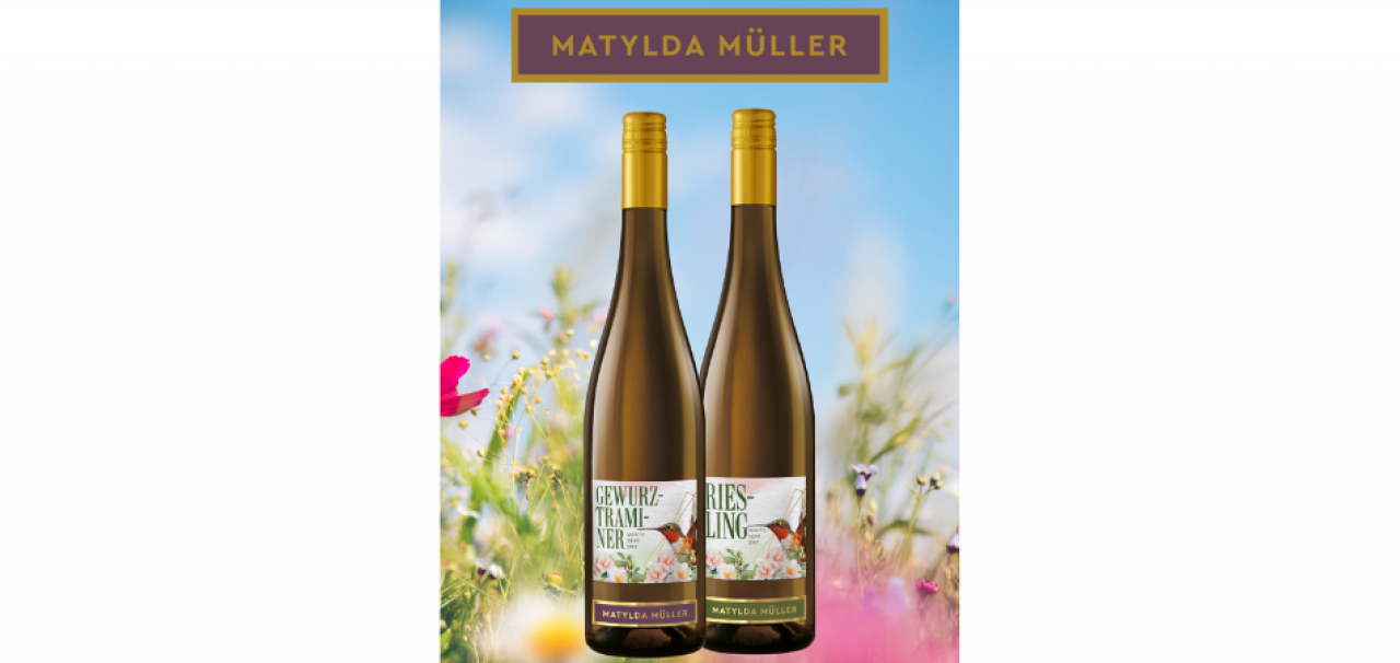 Linia win stołowych Matylda Müller 0,75 l: Riesling white semi dry 12% i Gewurztraminer white semi dry 14% nagrodzona srebrną Perłą Rynku FMCG