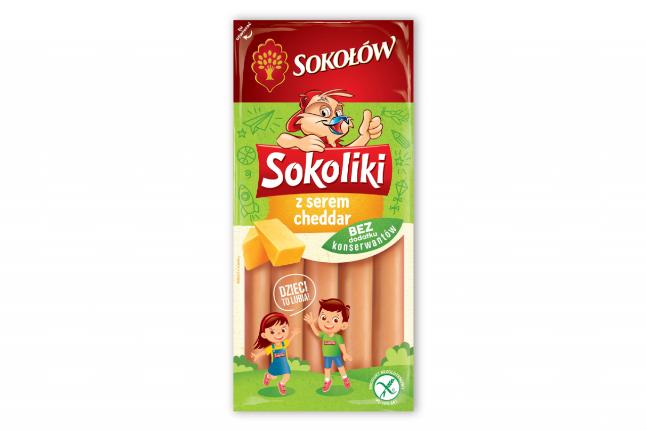 Parówki Sokoliki z serem cheddar nagrodzone srebrną Perłą Runku FMCG