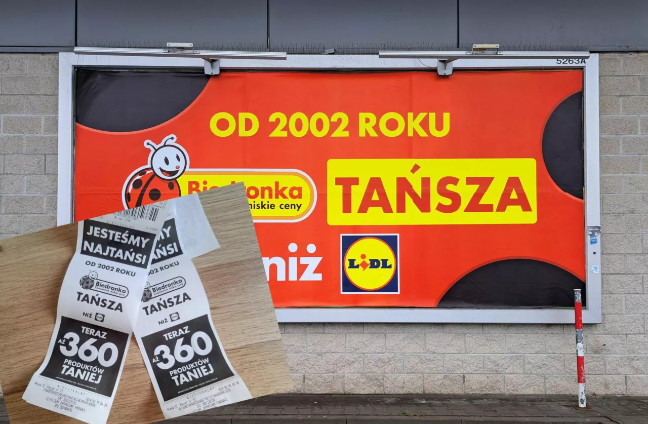 Plakat i paragony z hasłem ”Od 2002 roku Biedronka tańsza niż Lidl” (fot. wiadomoscihandlowe.pl/MG)