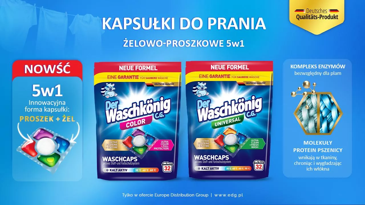 Pierwsze na polskim rynku kapsułki żelowo – proszkowe do prania 5w1 Der Waschkönig – totalna innowacja, maksymalna koncentracja, niebywała wygoda.