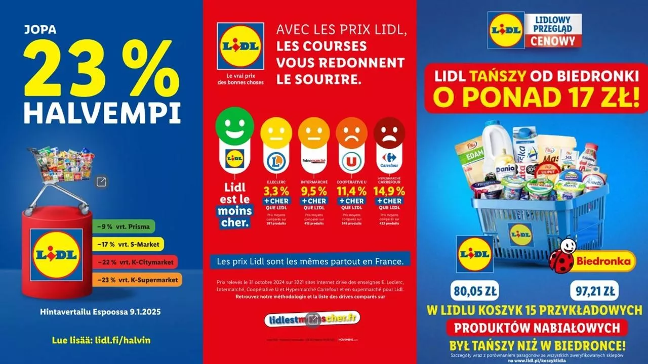 Lidl atakuje większych konkurentów za pomocą bezpośrednich porównań cen (zrzut ekranu komunikatów Lidla)