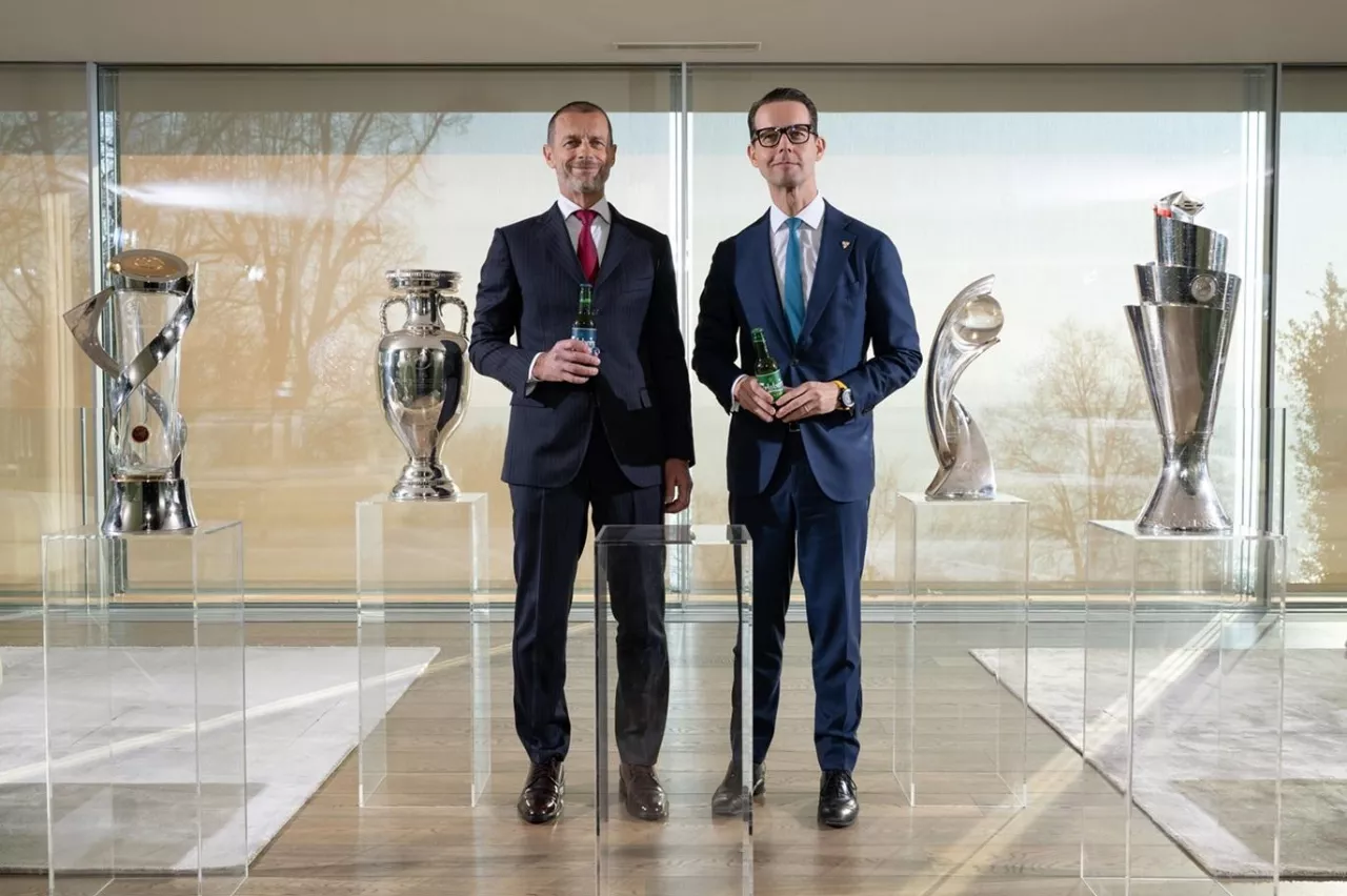 NYON, SWITZERLAND - JANUARY 15: UEFA President Aleksander Ceferin meets Calsberg CEO Jacob Aarup-Andersen at the UEFA Headquarters, The House of the European Football, on January 15, 2025 in Nyon, Switzerland (Photo by Kristian Skeie - UEFA/UEFA via Getty Images)