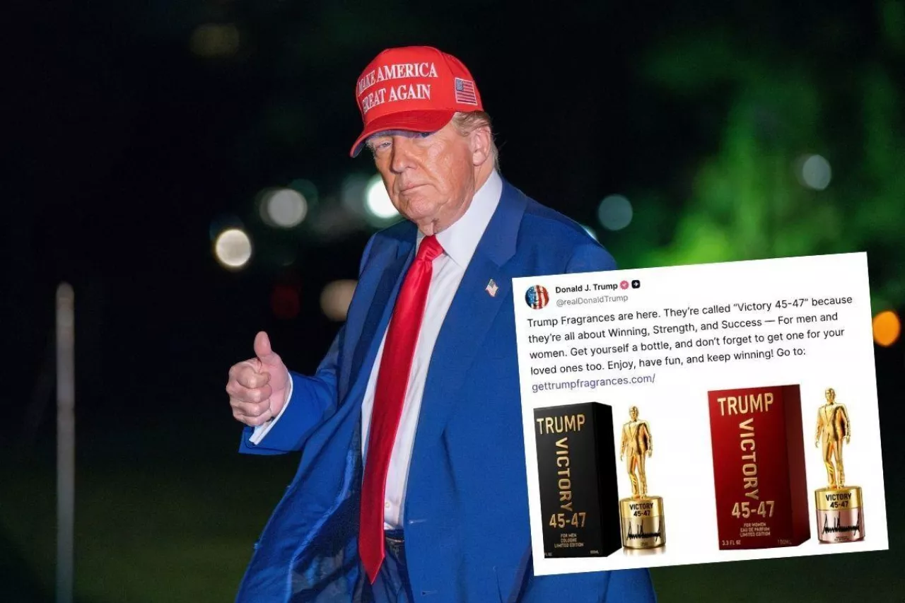 Trump wprowadza nową linię perfum Victory 45-47 – kontrowersje wokół biznesów prezydenta USA (fot. Shutterstock/truthsocial.com)