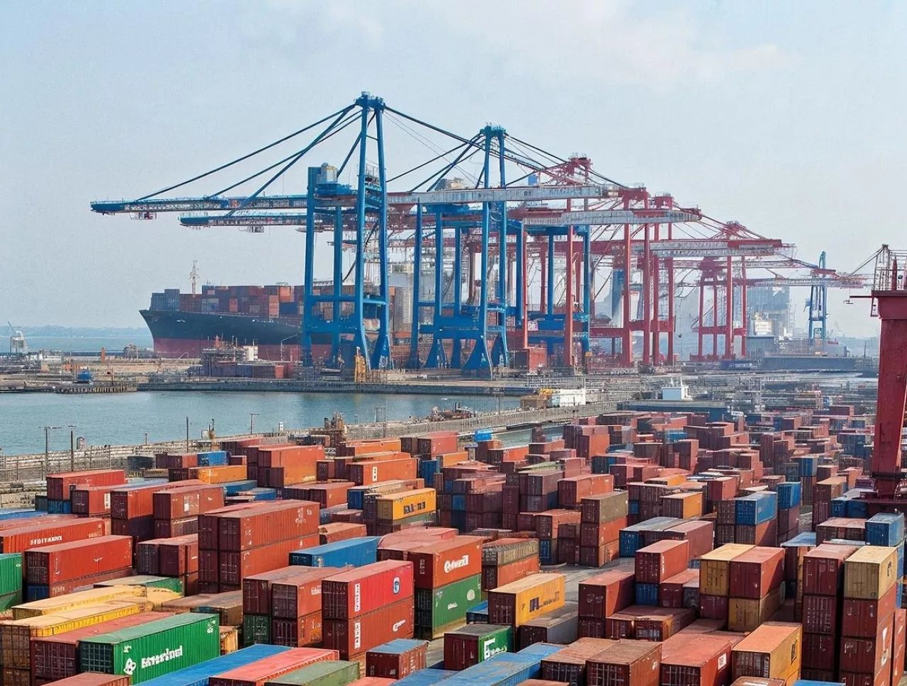Fotografia przedstawia terminal kontenerowy w Chinach (fot. Albert Katana/open Ai)
