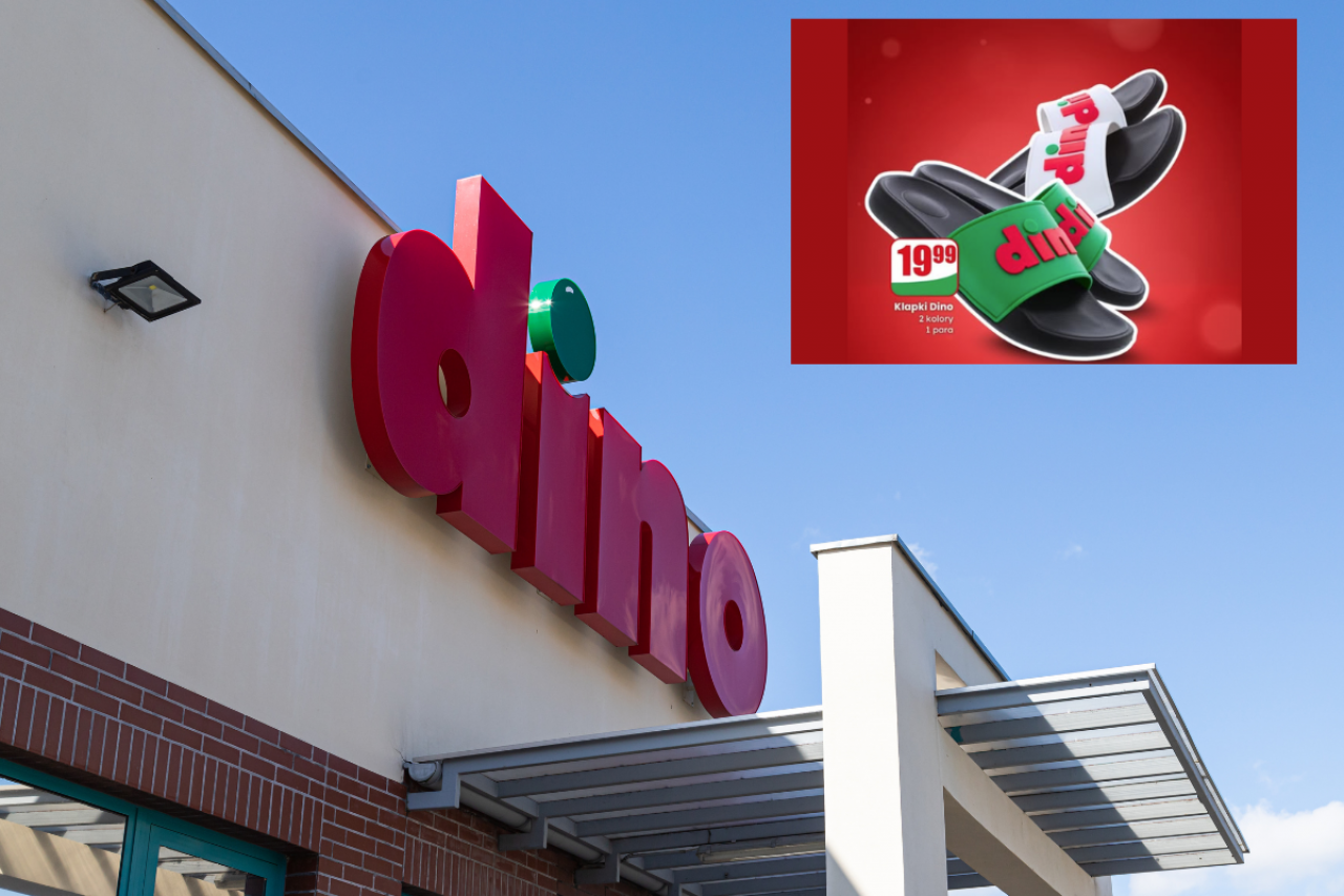 Nowością w ofercie sieci Dino są klapki z jej logotypem (fot. Shutterstock/Dino Polska)