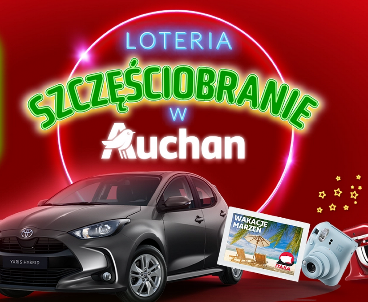 Natychmiastowa wygrana. Loteria Auchan Szczęściobranie daje szansę na wygranie sprzętu AGD, produktów spożywczych premium czy bony zakupowe. Raz w tygodniu odbywa się losowanie nagrody głównej – samochodu Toyota