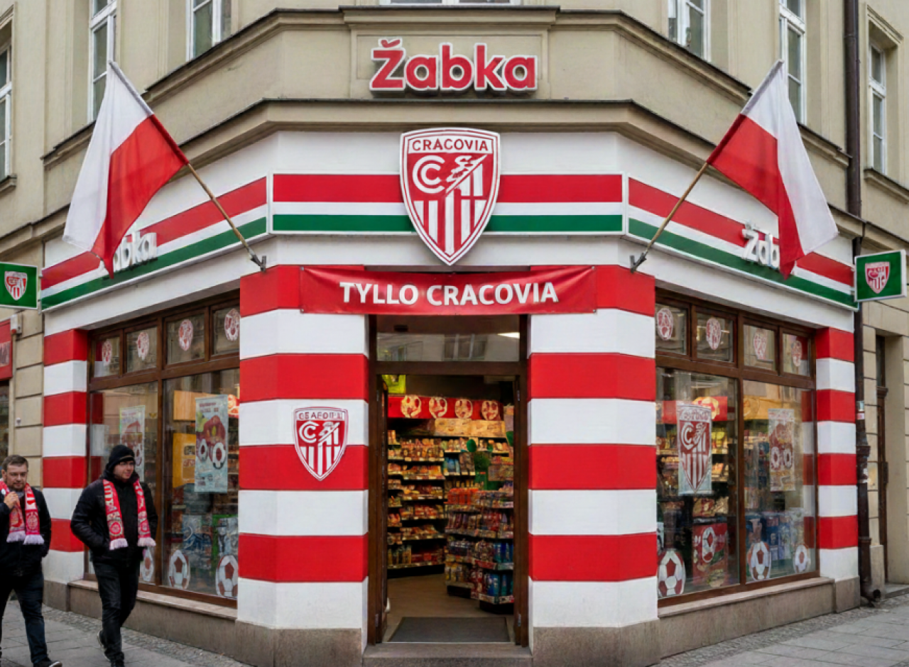 Sztuczna inteligencja wygenerowała (z błędami) obraz sklepu Żabka w barwach Cracovii, czy tak za kilka tygodni będzie wyglądała placówka sieci działająca na stadionie.