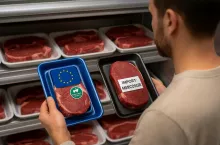 Klient w sklepie spożywczym trzyma dwa opakowania steków – jedno z certyfikatem dobrostanu UE, drugie z napisem ”import: Mercosur”, bez oznaczeń jakościowych. Ilustracja kontrastu między unijnym a południowoamerykańskim standardem produkcji wołowiny.