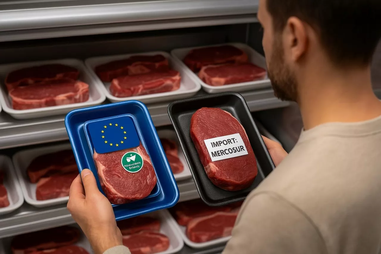 Klient w sklepie spożywczym trzyma dwa opakowania steków – jedno z certyfikatem dobrostanu UE, drugie z napisem ”import: Mercosur”, bez oznaczeń jakościowych. Ilustracja kontrastu między unijnym a południowoamerykańskim standardem produkcji wołowiny.