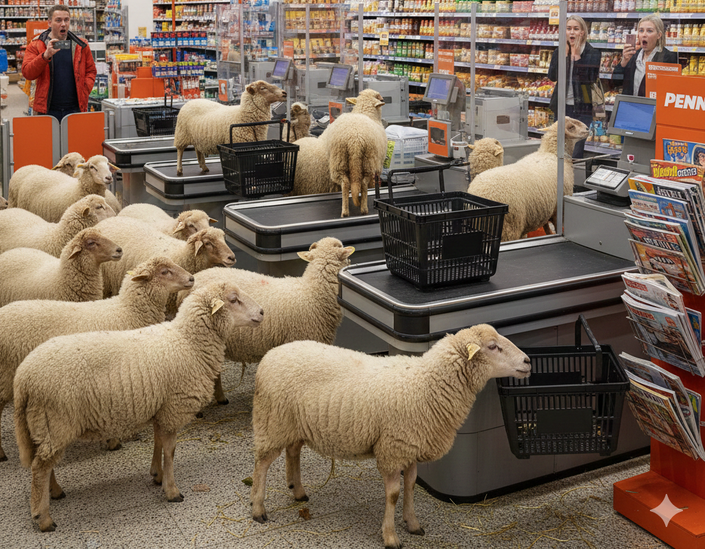 Owczy pęd do dyskontu. Zwierzęta przyszły… na zakupy do marketu
