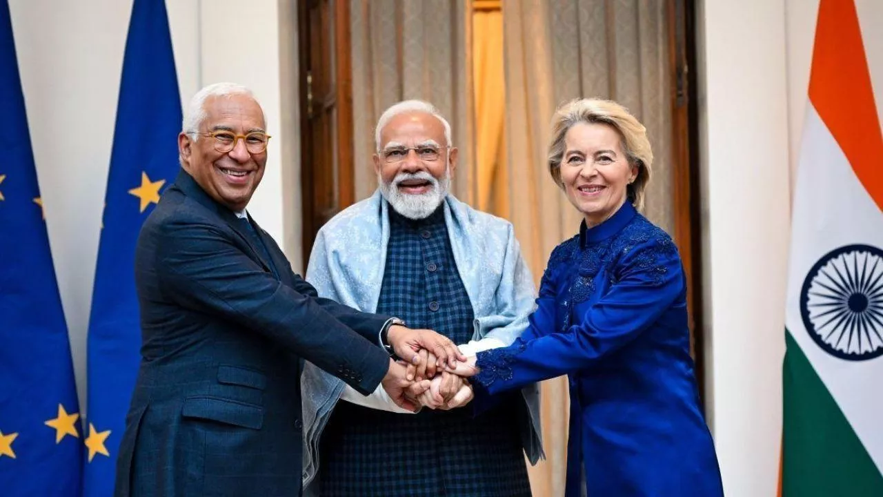 Umowa handlowa UE–Indie – koniec negocjacji Kto na tym zyska? Od lewej do prawej: António Costa, Narendra Modi, premier Indii i Ursula von der Leyen<br>
(Fot. Fryderyk Sierakowski/Komisja Europejska)