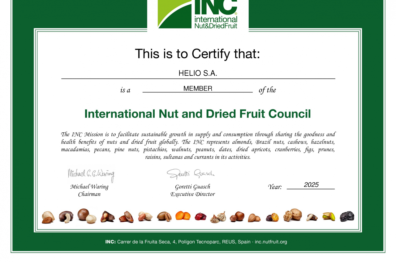 HELIO S.A. w elitarnym gronie liderów światowego rynku. Spółka oficjalnym członkiem International Nut and Dried Fruit Council (INC)