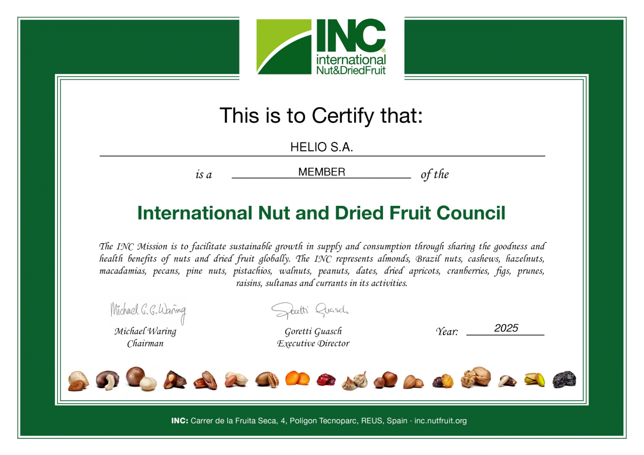 HELIO S.A. w elitarnym gronie liderów światowego rynku. Spółka oficjalnym członkiem International Nut and Dried Fruit Council (INC)