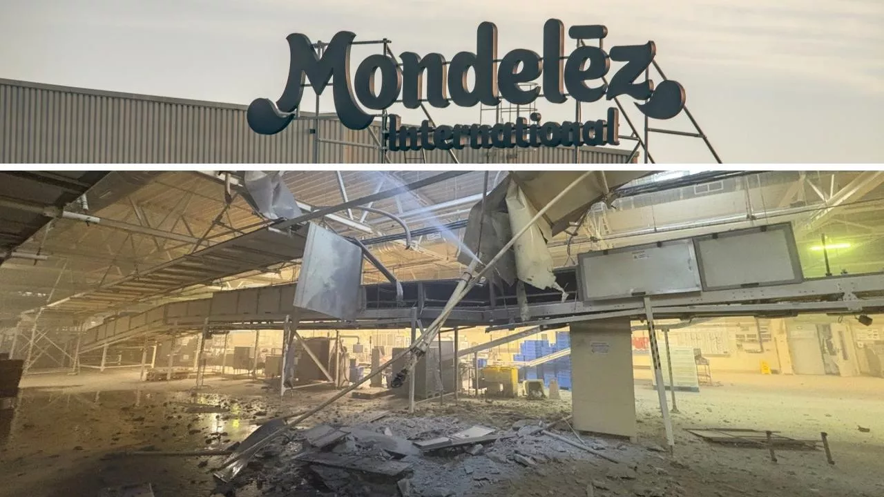 Rosyjskie rakiety spadły na zakład produkcyjny Mondelēz w Trostiańcu (fot. Andrij Sybiha, X/shutterstock)