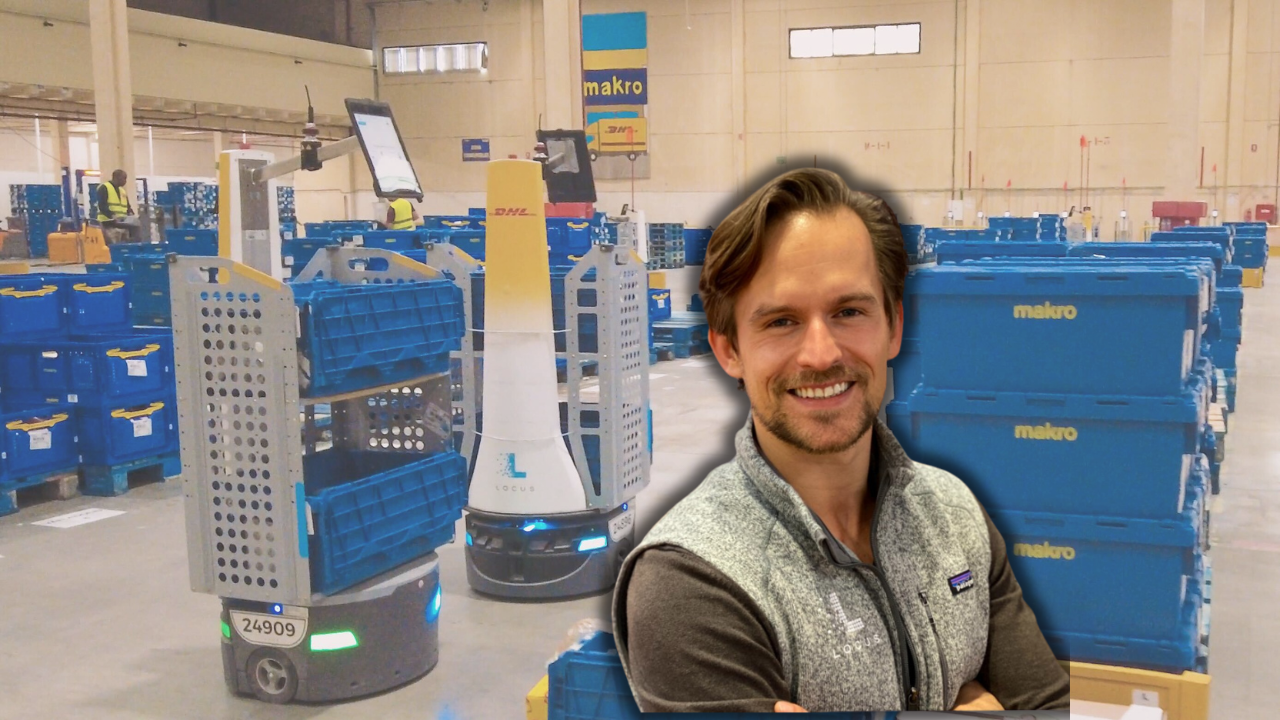 Denis Niezgoda, chief commercial officer international w Locus Robotics i roboty w hiszpańskim magazynie w DHL dla sieci Makro (fot. Locus Robotics)