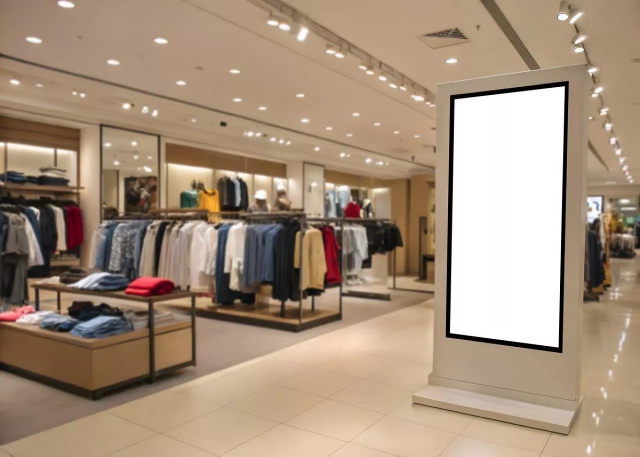 Modern vertical lightbox display inside a stylish clothing store, ideal for showcasing indoor advertisements or branding designs in retail environments.